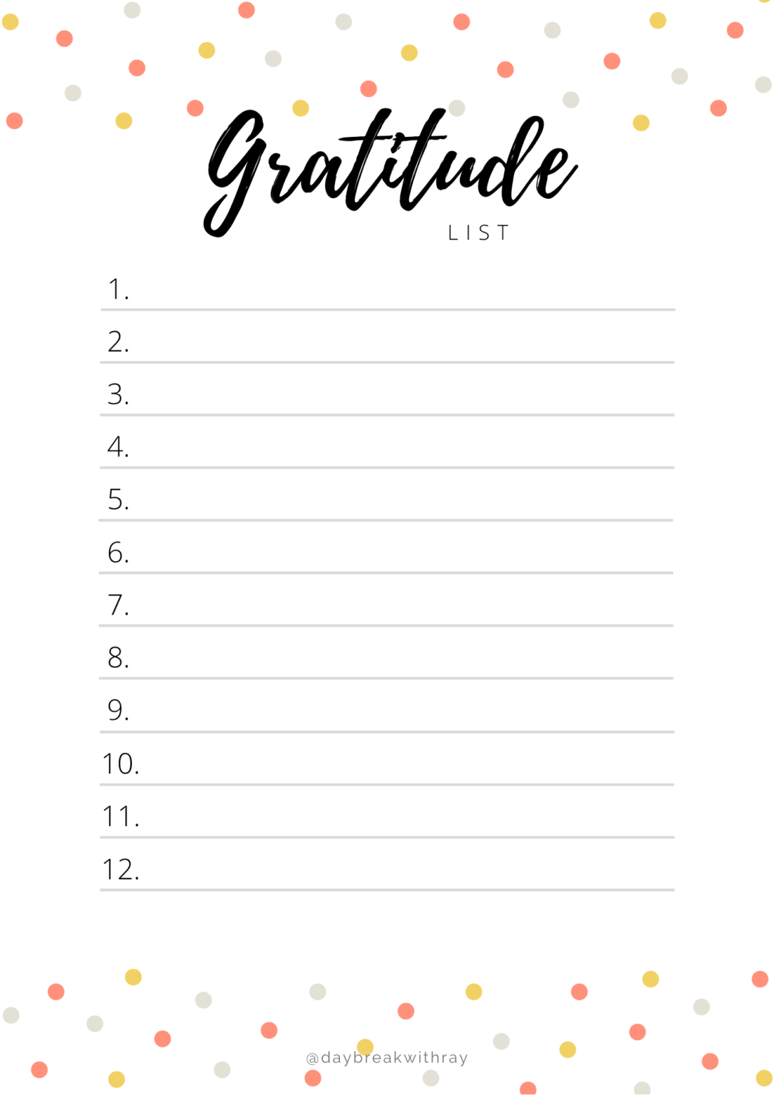 Printable Gratitude List Template
