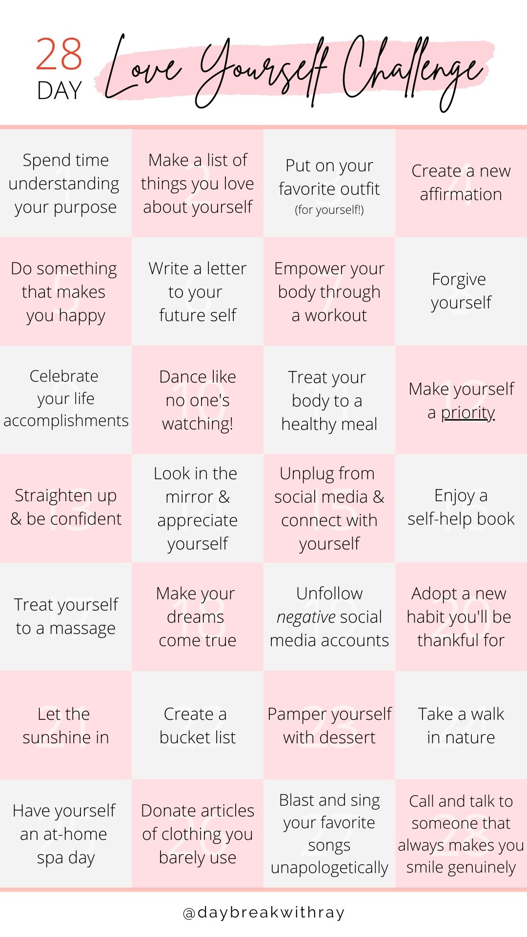 Love Yourself Challenge Full List