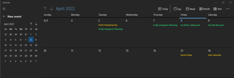 Screenshot of Calendar